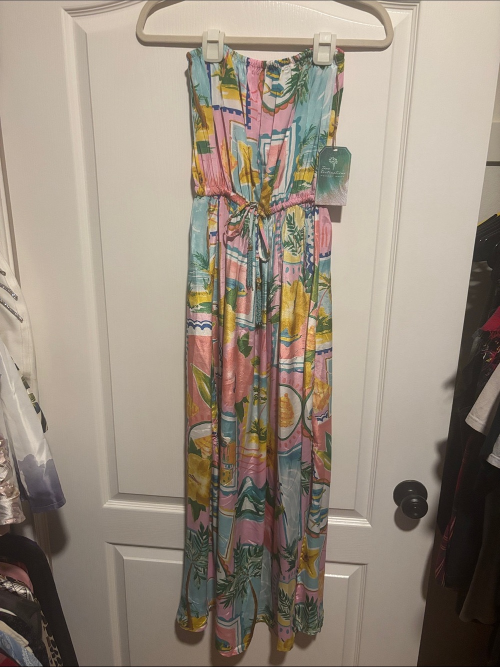 Tropical Print Strapless Maxi Dress in Pastel Pink & Aqua